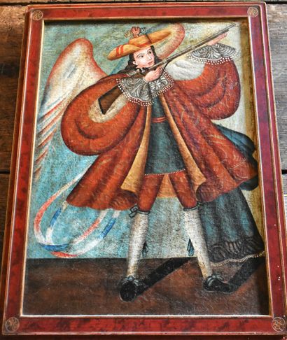 SCHOOL OF CUZCO: Archangel with a gun. Canvas....