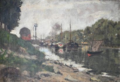 null Auguste DURST (1842-1930) : Bord de Seine à Puteaux. Toile signée en bas à gauche...
