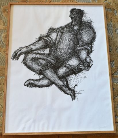 null Yves JOBERT (born in 1930): Man sitting cross-legged. Drawing in Indian ink,...