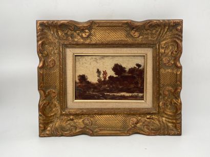 null Attribué à Henri HARPIGNIES (1819-1916) : Paysage de Fontainebleau. Panneau...