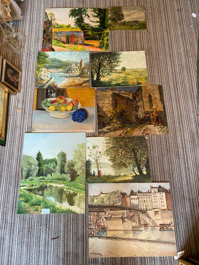 null NEUF PEINTURES diverses sur carton comprenant paysages, vue de Paris et d’un...