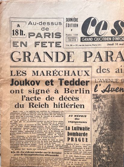 null LOT DE JOURNAUX aux UNES HISTORIQUES dont Le Réveil du matin du 8 mai 1945,...