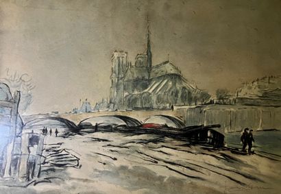 null ECOLE FRANÇAISE du XXe siècle : Le chevet de Notre Dame. Aquarelle signée en...