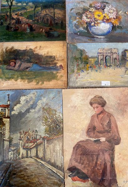 null LOT of TWELVE PAINTINGS on cardboard including: portraits of women, landscapes,...