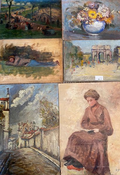 null LOT de DOUZE PEINTURES sur carton comprenant : portraits de femme, paysages,...