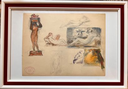 null François SICARD (1862-1934) : Croquis divers - La renommée. Deux gouaches, aquarelles...