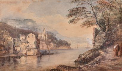 null Charlotte de ROTHSCHILD (1825-1899) : Port italien animé. Lavis et aquarelle,...
