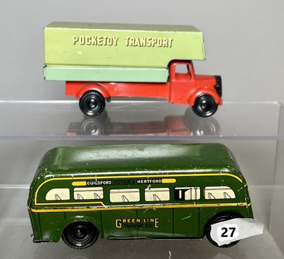 null BRIMTOY Great Britain (1950) :

-Camion de transport, mécanique "POCKETOY TRANSPORT",...