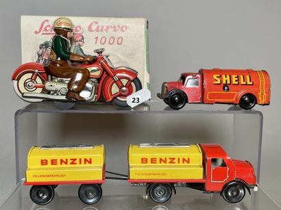 null BRIMTOY - SCHUCO CHINA :

-Camion-citerne, mécanique SHELL, L=11 cm.

-Moto...