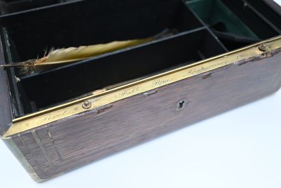 null THREE BOXES in veneer and brass trim, one of which is a writing case monogrammed...