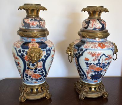 JAPAN: Pair of Imari covered pots, bronze...