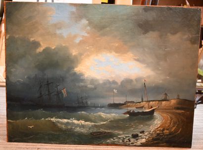 null 19th century HOLLAND SCHOOL: Ship by the sea. Canvas mounted on panel. Height....