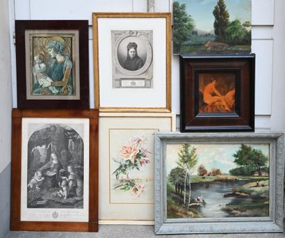 SET OF ELEVEN PAINTINGS or framed pieces,...