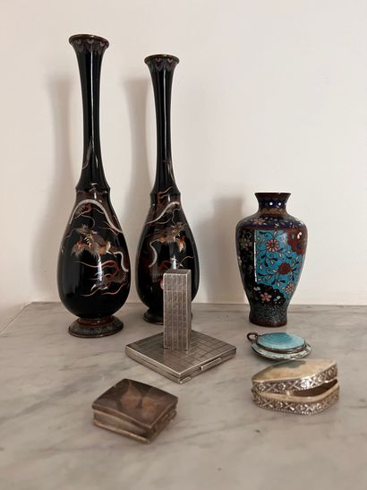 LOT : two high necked vases in modern cloisonné,...