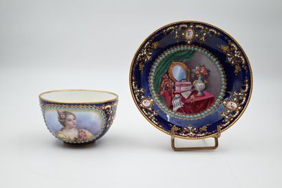 null Mug and saucer in porcelain with blue bottom. The cup decorated with two medallions...