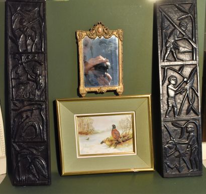 null LOT: THREE miscellaneous framed pieces, SMALL ICE and TWO African WOODS.