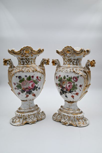 PAIR OF VASES in gilded and polychromed porcelain...