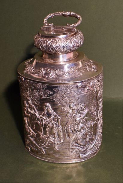 Tea box in silver embossed with scene of...