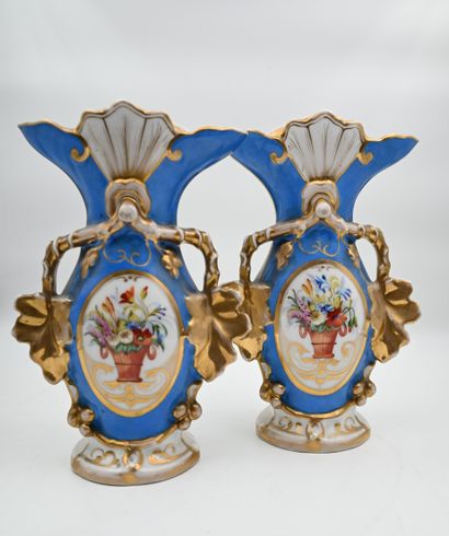 PAIR OF GOLDEN PORCELAIN VASES with blue...