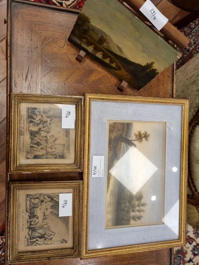 null LOT OF VARIOUS FURNISHED PIECES: paintings, Indian ink, Courbet reproductio...