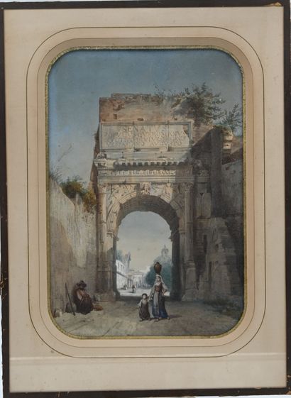 null After Léon VAUDOYER (1803-1872): The Arch of Titus. Watercolor and gouache signed...