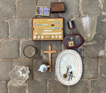 null 
LOT: kettledrum, two vases, crucifix, sewing kit and miscellaneous. JOINT LOT...