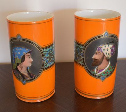 Pair of orange porcelain scroll vases with...