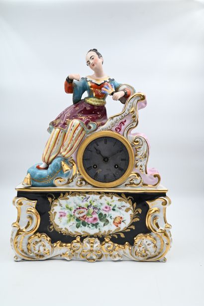 Gilded and polychromed porcelain CLOCK featuring...
