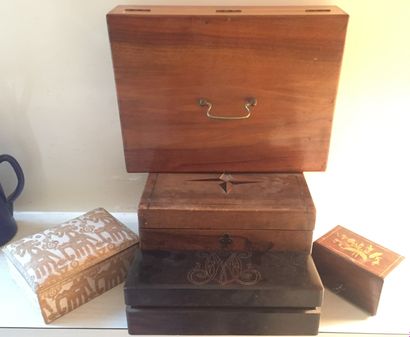 SIX BOXES in stained wood, lacquer, veneer,...