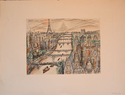 null Marcel GROMAIRE (1892-1971) : Les Ponts de Paris, 1956. Aquatinte en couleurs,...