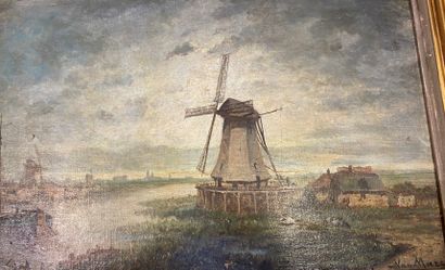 null 19th century HOLLAND SCHOOL: Landscape with mills. Canvas signed lower right...
