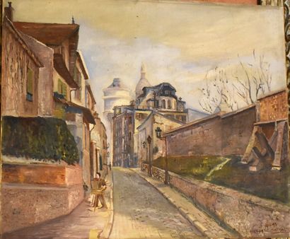 null ECOLE FRANÇAISE du XXe siècle : Rue animée, Montmartre. Trois toiles signées...