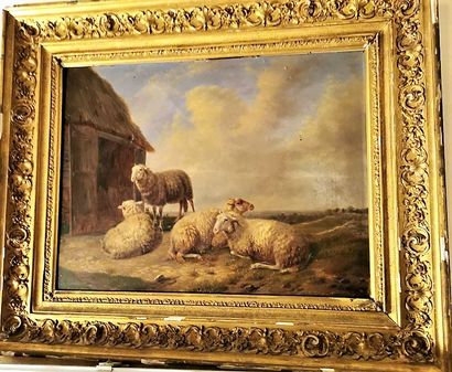 null Henri BAERT (1889-1943) : Moutons devant une bergerie. Huile sur panneau, signée...
