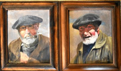 null FRENCH SCHOOL of the XXth century: Portraits of fishermen. Two oils on panel...
