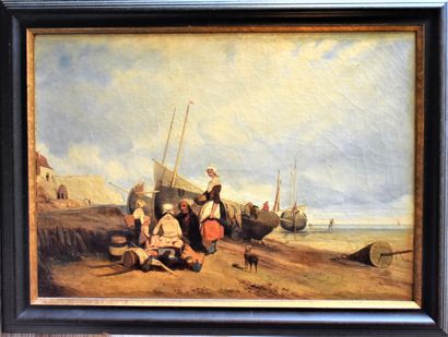 null ECOLE FRANÇAISE du XIXe siècle : Plage animée de pêcheurs. Huile sur toile non...