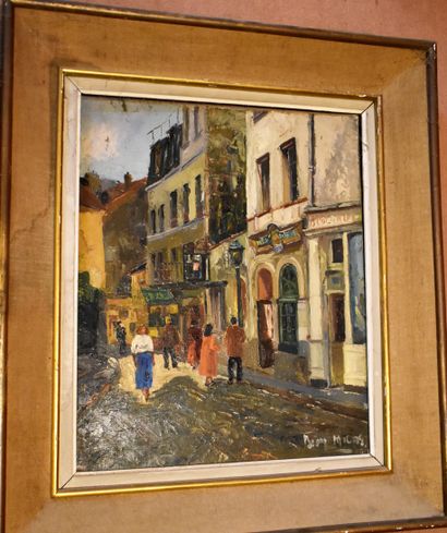 null ECOLE FRANÇAISE du XXe siècle : Rue animée, Montmartre. Trois toiles signées...