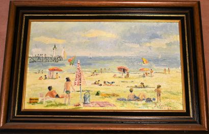 null FRENCH SCHOOL of the XXth century: The beach of Trouville. Canvas signed lower...
