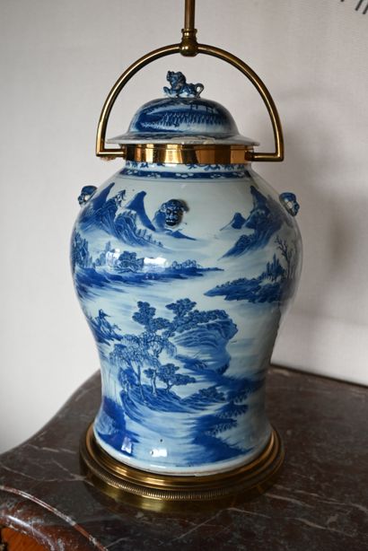 null CHINE : POTICHE en porcelaine bleu et blanc à décor lacustre (ébréchures au...