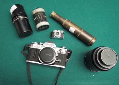 null LOT: Canon camera and lens, Curta calculating machine, telescope, miniature...