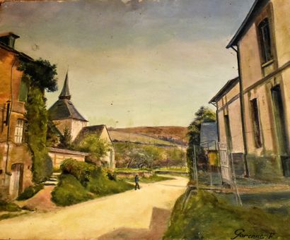 null FRENCH SCHOOL of the XXth century: Village square. Canvas signed lower right...