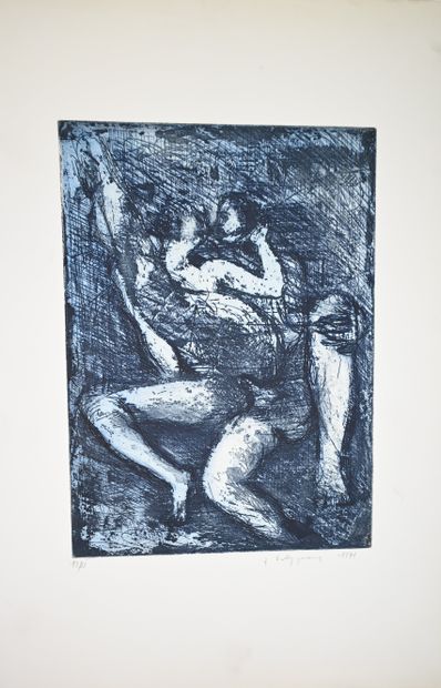 null Couple embracing - Nude. Two prints in colors, signed and dated 1971, one justified...