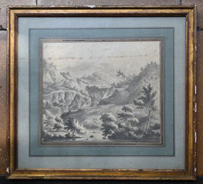 null ITALIAN SCHOOL of the 19th century: Landscape, river in the hills. Drawing and...