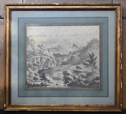 null ECOLE ITALIENNE du XIXe siècle : Paysage, rivière dans les collines. Dessin...