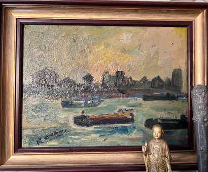Roland DUBUC (1924-1998): Barge on the Seine....