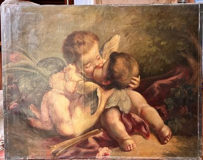 null TWO DOORBELTS on canvas representing putti kissing. Height 63 - Width 81 cm