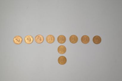 null 
DIX PIECES de 10 florins hollandais en or (1875, 1876, 1879,1911, 1912 (x3),...