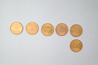 null 
SIX PIECES de 20 dollars or (1894, 1900, 1904, 1923 et 1924 (x2)). Selon c...