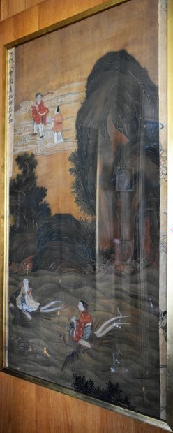null QUATRE PEINTURES sur soie encadrées représentant des scènes de palais avec pagodes,...