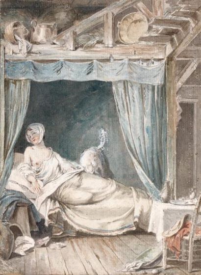 Pierre-Antoine BAUDOIN (1723-1769) Jeune servante réveillée par son chat dans une...