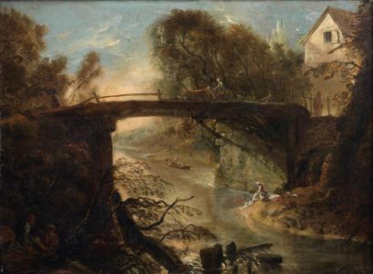 Attribué à Jérôme François CHANTEREAU (vers 1710-1757) Lavandière sous un pont de...
